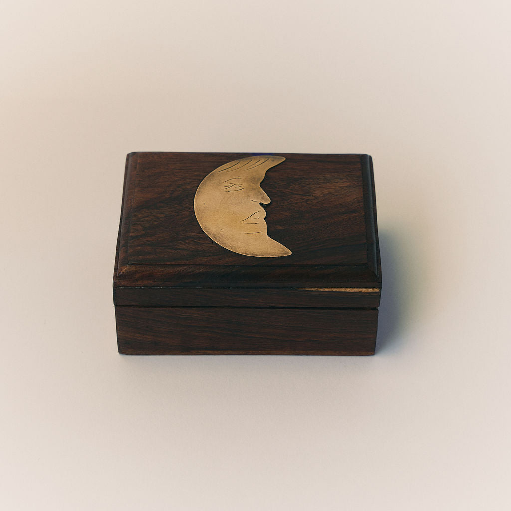 Vintage Timber & Brass Celestial Moon Trinket Box