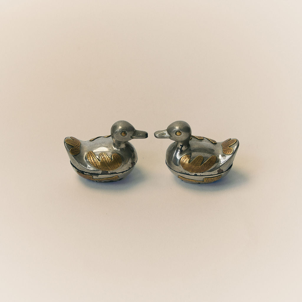 Vintage Pewter & Brass Duck Trinket Pair