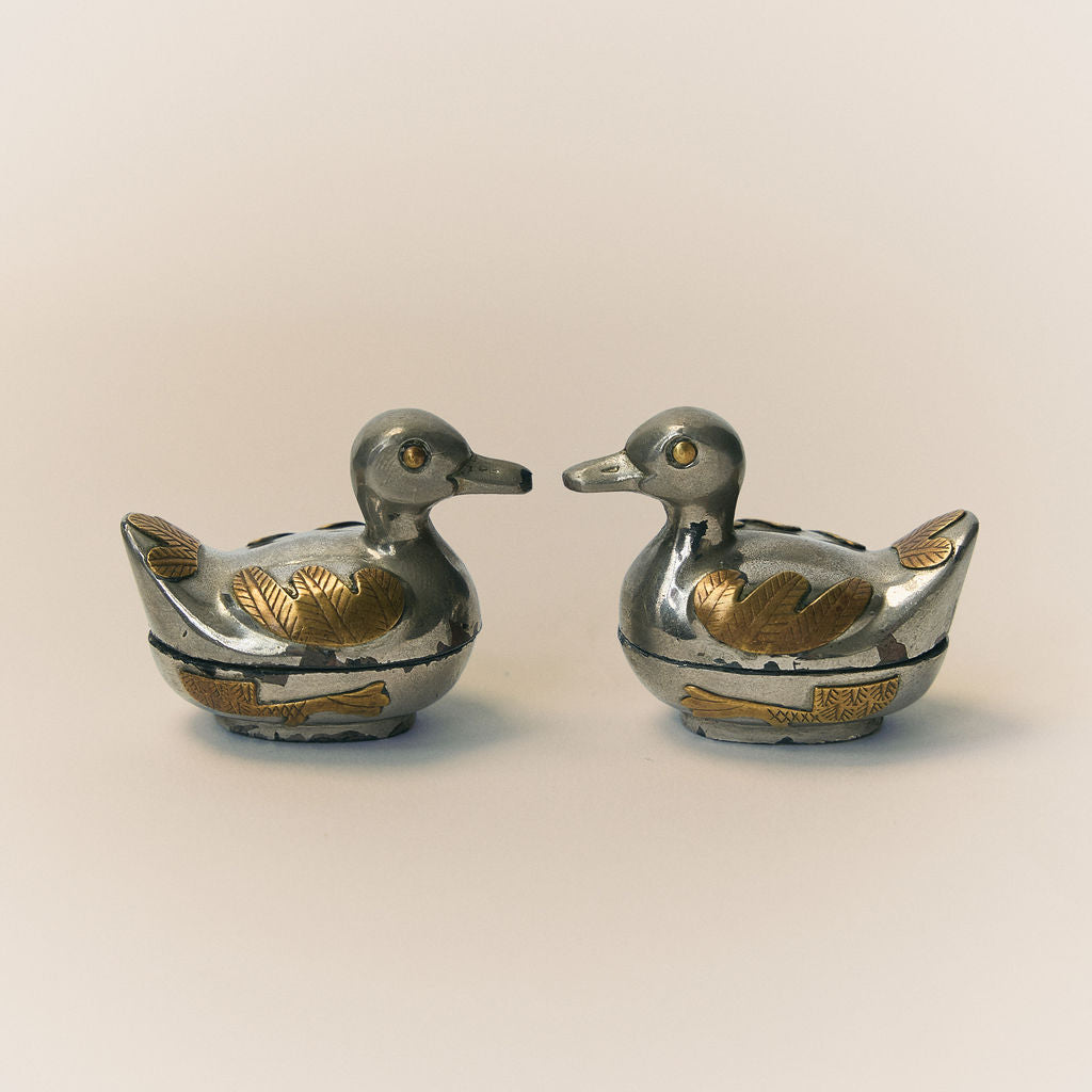 Vintage Pewter & Brass Duck Trinket Pair