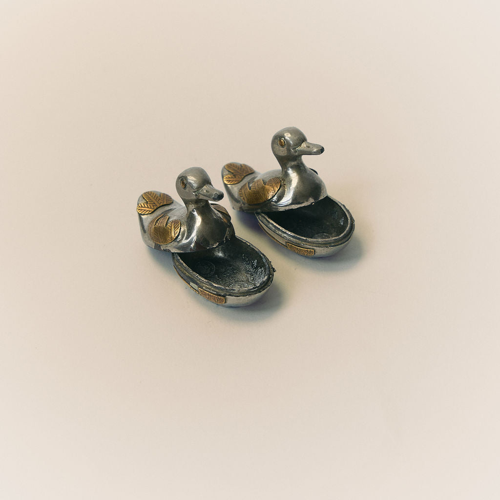 Vintage Pewter & Brass Duck Trinket Pair