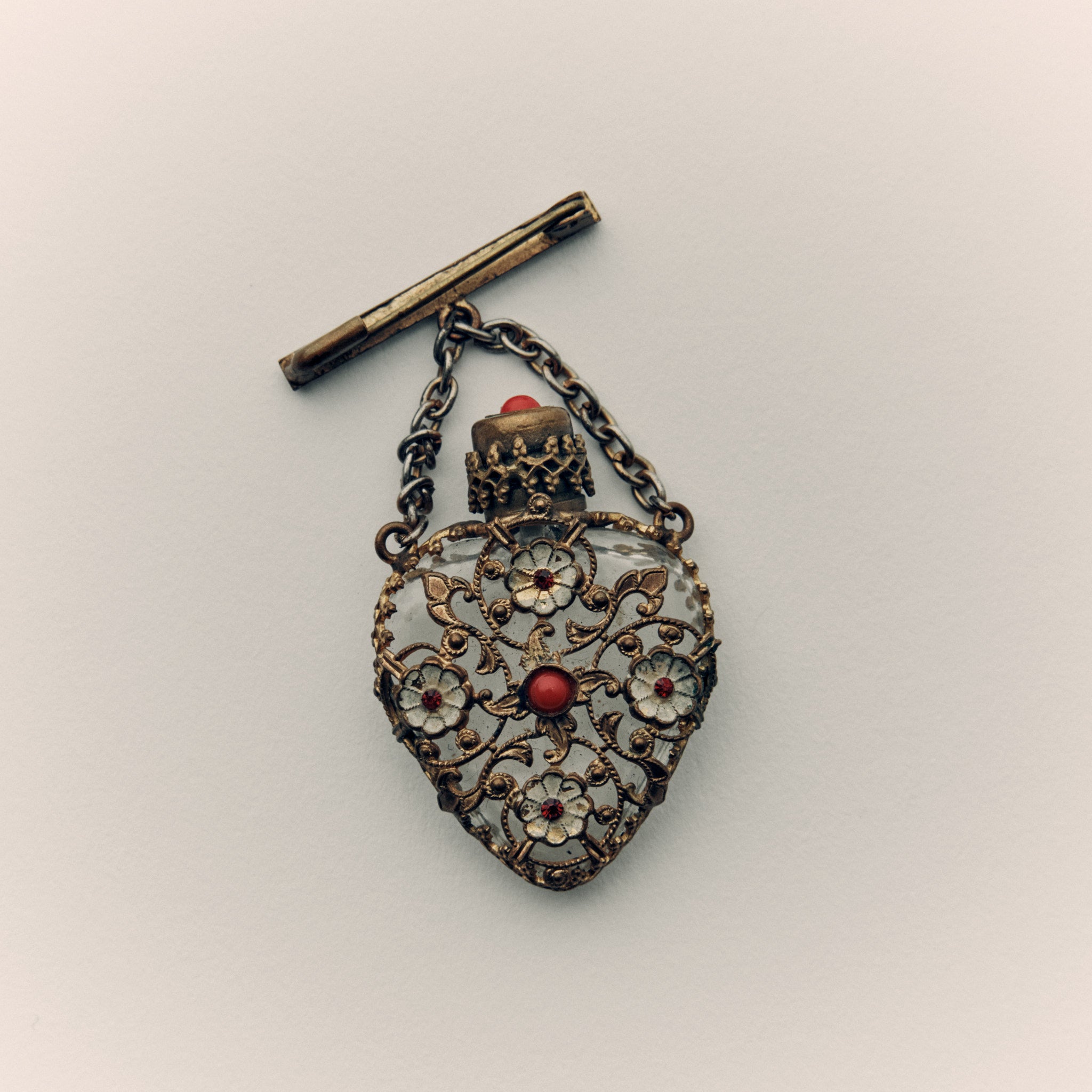 Vintage Filigree Metal, Enamel, & Jewelled Pendant Perfume Bottle Brooch